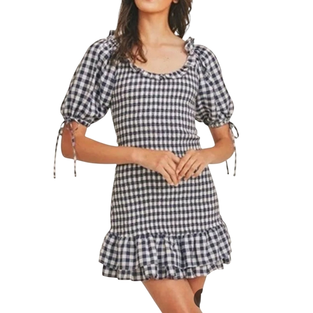 Anthropologie MABLE Blue/White Gingham Smocked Mini Dress Sz M Y2K Peasant Fairy